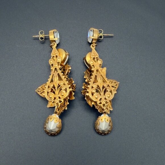 Ben Amun Signed BJ Gold Tone Filigree Crystal Dangle Drop Earrings Statement - Picture 8 of 11